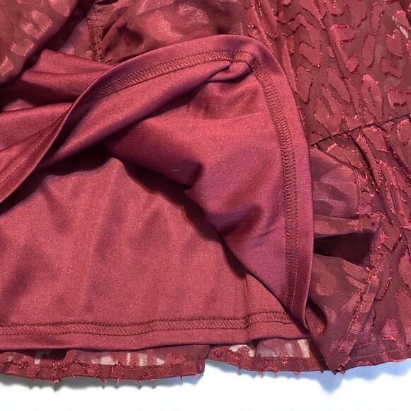 A. Calin Smocked Mini Dress Sz Medium Tiered Burgundy Scoop Neck Long Sleeve NWT - Picture 8 of 13